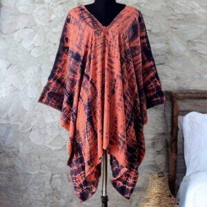 Coral Blue Hand Tie Dyed Dolman Sleeve Cover Up Poncho Top (#25)